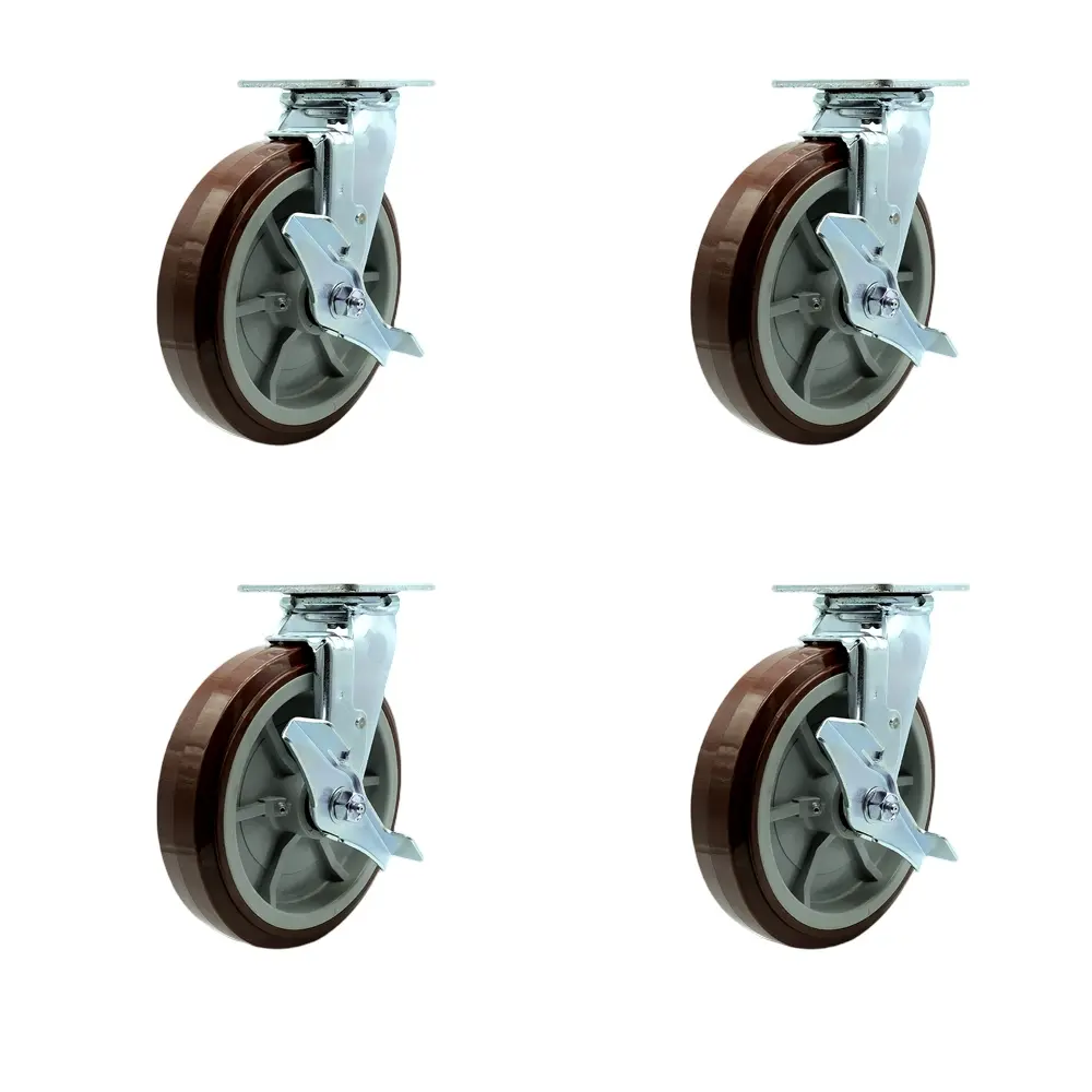 Service Caster SCC-30CS820-PPUR-TLB-4 Heavy-Duty Chemical Res Polyurethane Swivel Top Mount Castors with Swivel Brake, Heat-Treated Ball Bearing Raceway for Industrial & Commercial Equipment, Dollies - 8 in. Wheels, 4000 lbs Total Capacity, Set of 4