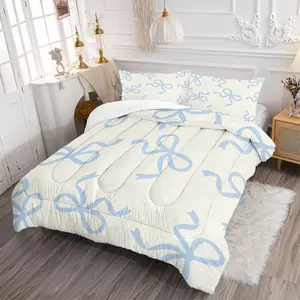 Blue Bow Comforter Set for Teen and Girls Bedroom Decoration, Including 1/2 Pillowcase - No Pillow Core, Simple and Stylish Comfortable Bedding Set, Machine Washable All Seasons, Durable Air-Conditioning Quilt, Soft Breathable Bedding