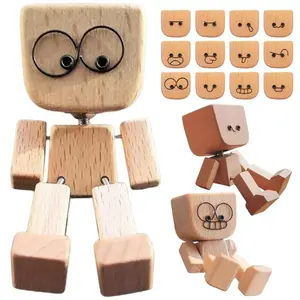 Shaking Wooden Man, Shaking Wooden Man Figurine for Car Dashboard, Handmade Shak Feet Woodens Doll, Funny Cars Ornaments Wood Desktop Decor, Car Dashboard Accessories with 12PCS Magnetic Expressions, Car Trinkets