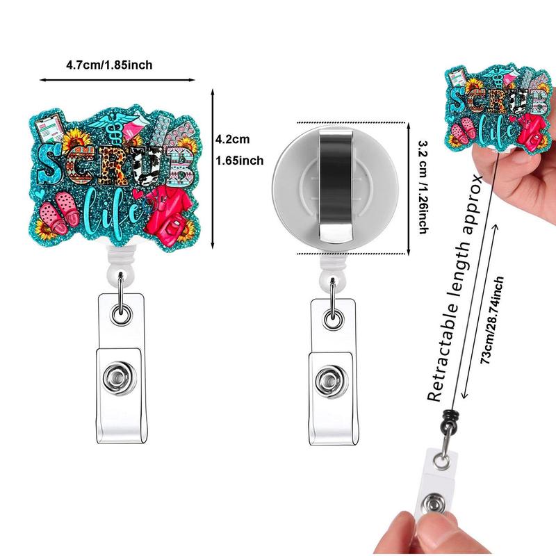 Letter Design Badge Holder without Card Sleeve, 1 Count Scrub Life Retractable Badge Reel with ID Clip, Acrylic Name Badge Holder for Nurse Doctor Student