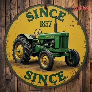 2D flat printing, round metal plaque, vintage John Deere tractor logo, 8-inch round iron signboard wall art, perfect for home décor, garage, living room porch, and bathroom decoration.