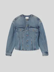 Nipped Collarless Denim Jacket