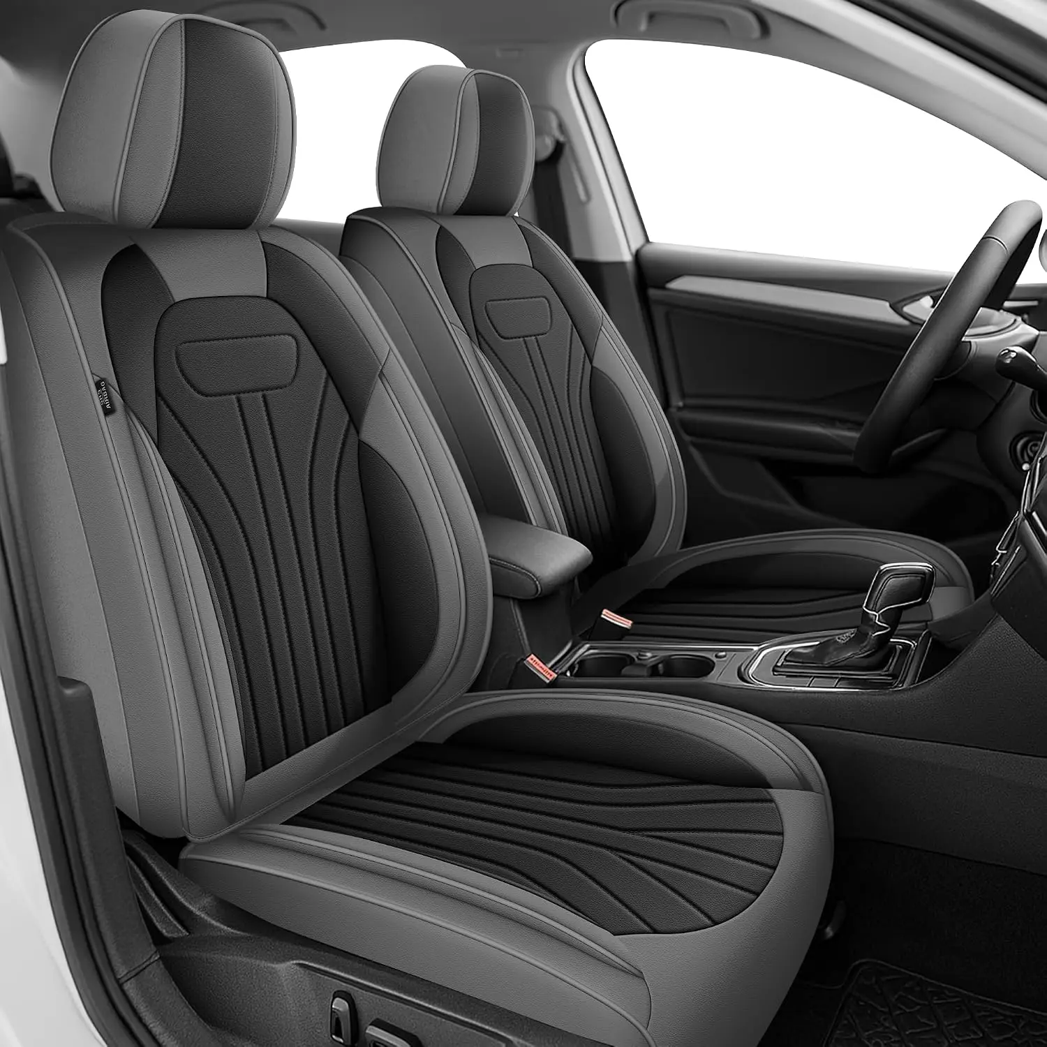 Waterproof Faux Leather Front Seat Covers Set for Ford Transit Connect 2010-2026, 2PCS Black&Grey Automotive Protector with 30 Pockets, Easy-Install Car Interior Care Accessory