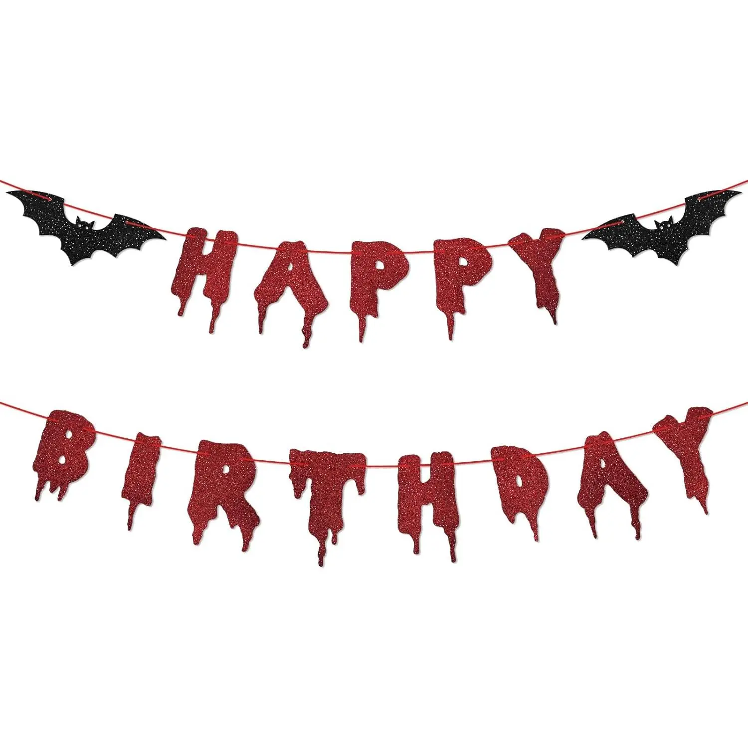 Red Glittery Happy Birthday Halloween Cardboard Banner - Spooky Hanging Paper Garland Bunting, Bloody Bat Vampire Decor, Cardboard Slogan Backdrops & Banners for Wall Home Mantle Party Supplies, Halloween Decorations For Party