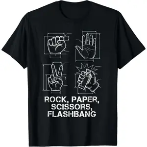 Men's gamer meme with a twist on the classic rock-paper-scissors game, incorporating a flashbang for humor Graphic T-Shirt - 100% cotton Short Sleeve Crew Neck Regular Fit Casual Wear | Soft & Breathable Fabric, Durable Print, Everyday Comfort, Machine