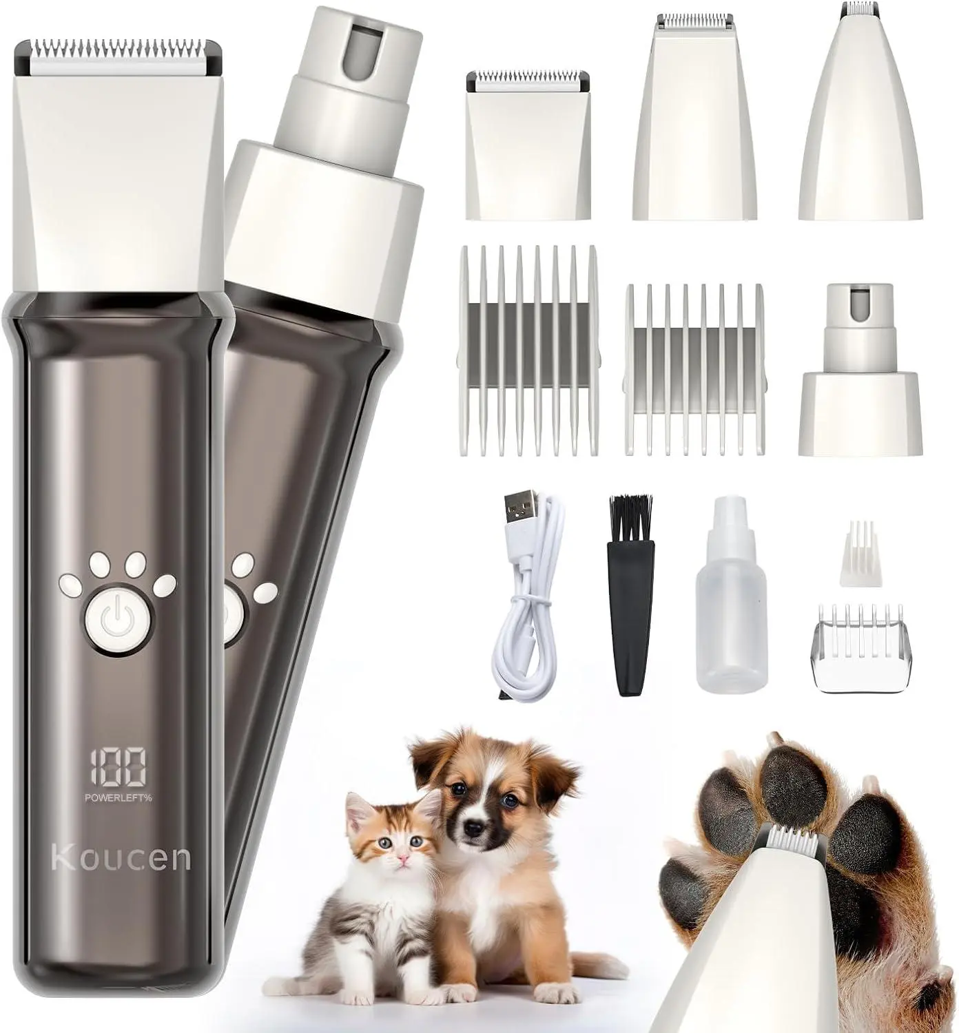 4 in 1 Dog Grooming Kit with LED Display, Dog Grooming Clippers with 4 Guide Combs, Rechargeable Low Noise Cat Hair Trimmer, Pet Paw Trimmer for Cat Dogs Paws Face Ears Koucen