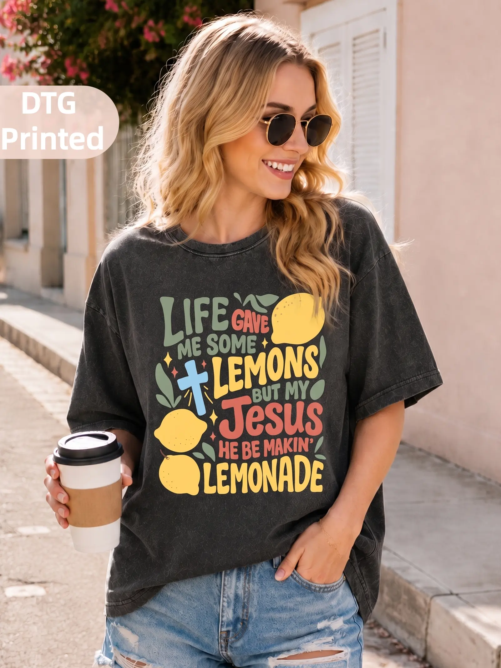 MuseBeau "Life Gave Me Lemons" Lemonade Jesus 100% Cotton Plus Size Unisex DTG Printed Graphic T-Shirt,Christian Apparel, Forrest Frank Fan,Faith Based Shirt,back to school shopping,Streetwear Outdoor Y2K Vintage style.Summer Outfit,Gifts for Jesus lovers