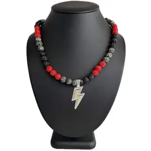 Iced Bling Disco Ball Rhinestone Crystal Bead Baseball Necklace Black Red, Hematite Lightning