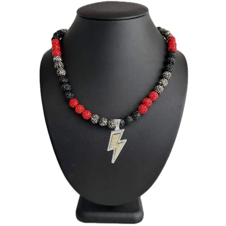 Iced Bling Disco Ball Rhinestone Crystal Bead Baseball Necklace Black Red, Hematite Lightning