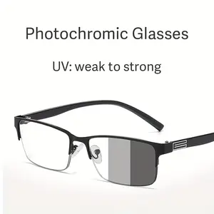 Ultra-Light Classic Black Photochromic Rectangular Metal Glasses - 1 Pair Men's Business-Style Half-Rim - UV Protection, Non-Prescription, Clear Gray Lenses, Ideal Gift for Holidays, Glasses Accessories