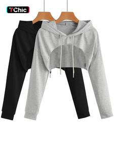women's solid drawstring drop shoulder crop hoodie, casual long sleeve hooded sweatshirt for daily wear, ladies clothes for all seasons, athletic workout clothing