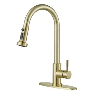 WOWOW Single Handle Pull Down Sprayer Kitchen Faucet with 3-Modes Advanced Spray and Deck Plate in Gold
