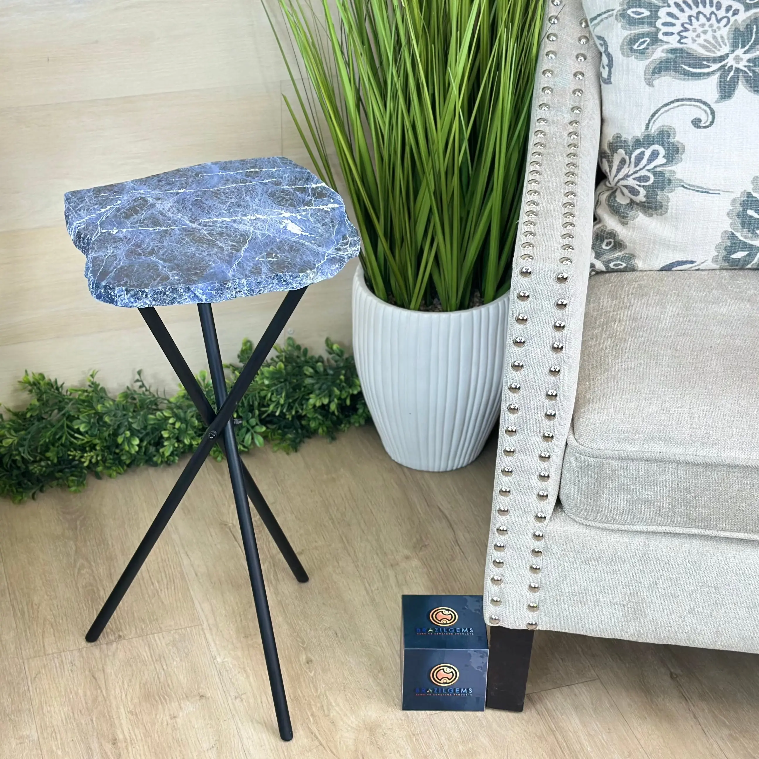 Natural Sodalite Side Table on Black Metal Base, 24.7" Tall #1342SO-003