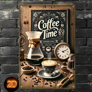 2D Retro, Vintage Metal Sign, Coffee Cup, Coffee Pot, Clock, Coffee Bean Design 'Coffee Time' Tin Decorative Panel, 20*30 cm / 8*12 in, Suitable for Living Room, Garden, Café, Bar, Indoor and Outdoor Wall Art Decoration Home Decor