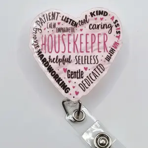 Housekeeper Affirmations of a Housekeeper Heart Pink Acrylic Retractable Badge ID Reel Belt or Alligator Clip