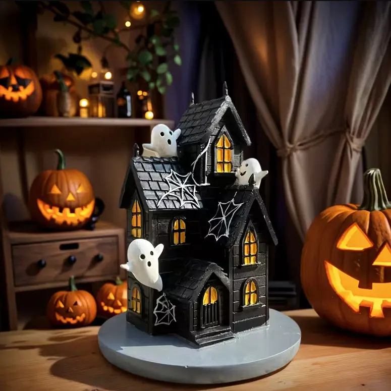 Light Up Halloween Haunted House Figurine, Spooky Black Castle Statue, Friendly Ghosts and Spiderweb Decor, Indoor Tabletop Accent for Fall Party Display Durable Material Spooky Design Themed Ornament Halloween House Statue,Festive Display,Eerie Sculpture