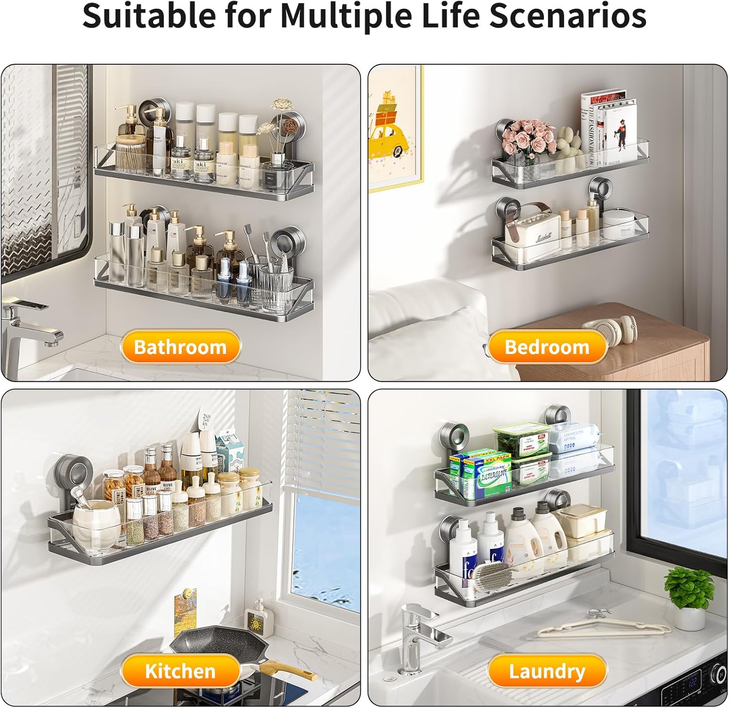 Shower Caddy Suction Cup,Detachable Bathroom Shower Organizer for Bathroom Storage, Wall Mounted Shower Shelves,Rustproof Shelf No Drilling Large Capacity Removable Rack 1 Pack Grey