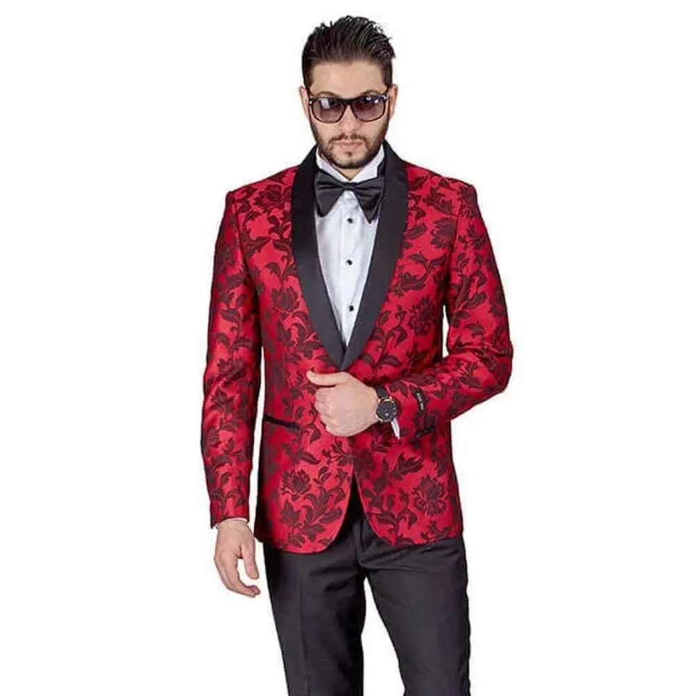 Slim Fit 1 Button Red Shawl Lapel Black Satin Collar Floral Tuxedo Dinner Jacket 1714