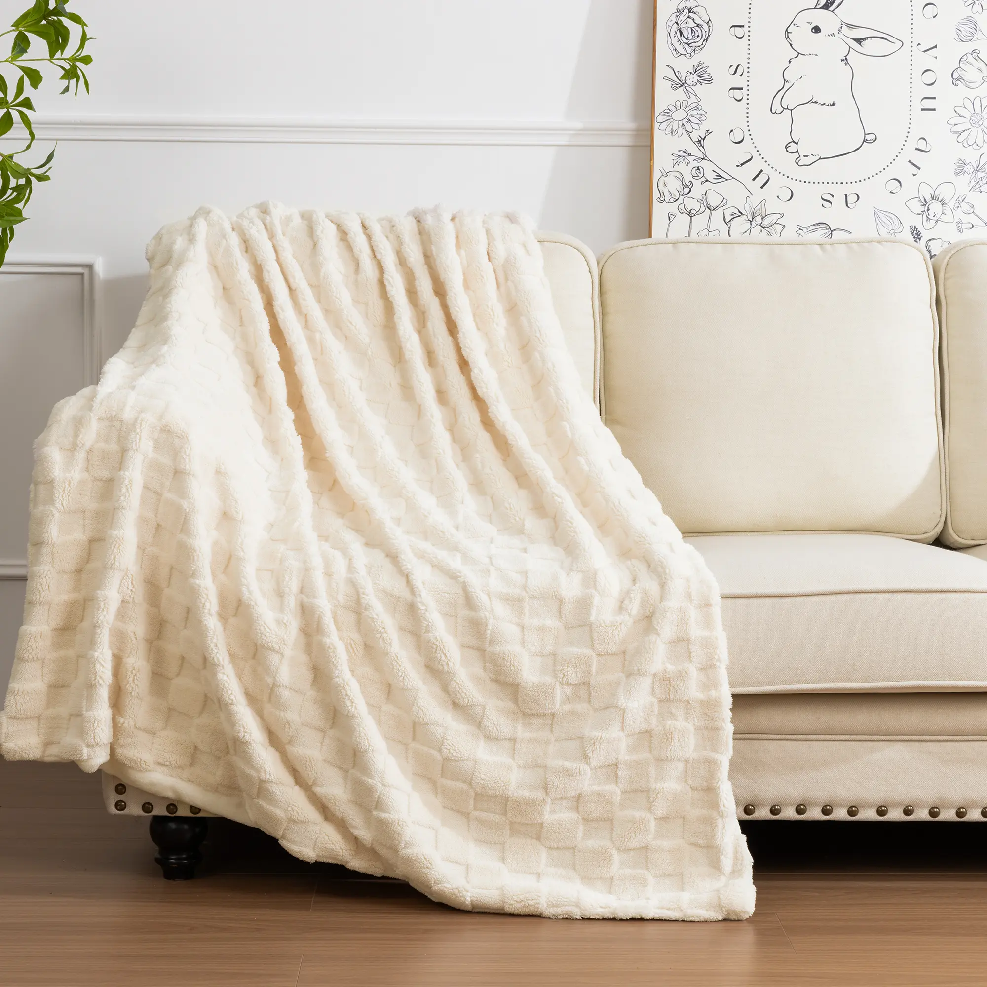[Back to School] HEBE Fleece Throw Blanket - Super Soft Fluffy Microfiber Flannel, 3D Checkered Design, Lightweight All-Season for Couch, Bed, Bedroom Decor, House Decor