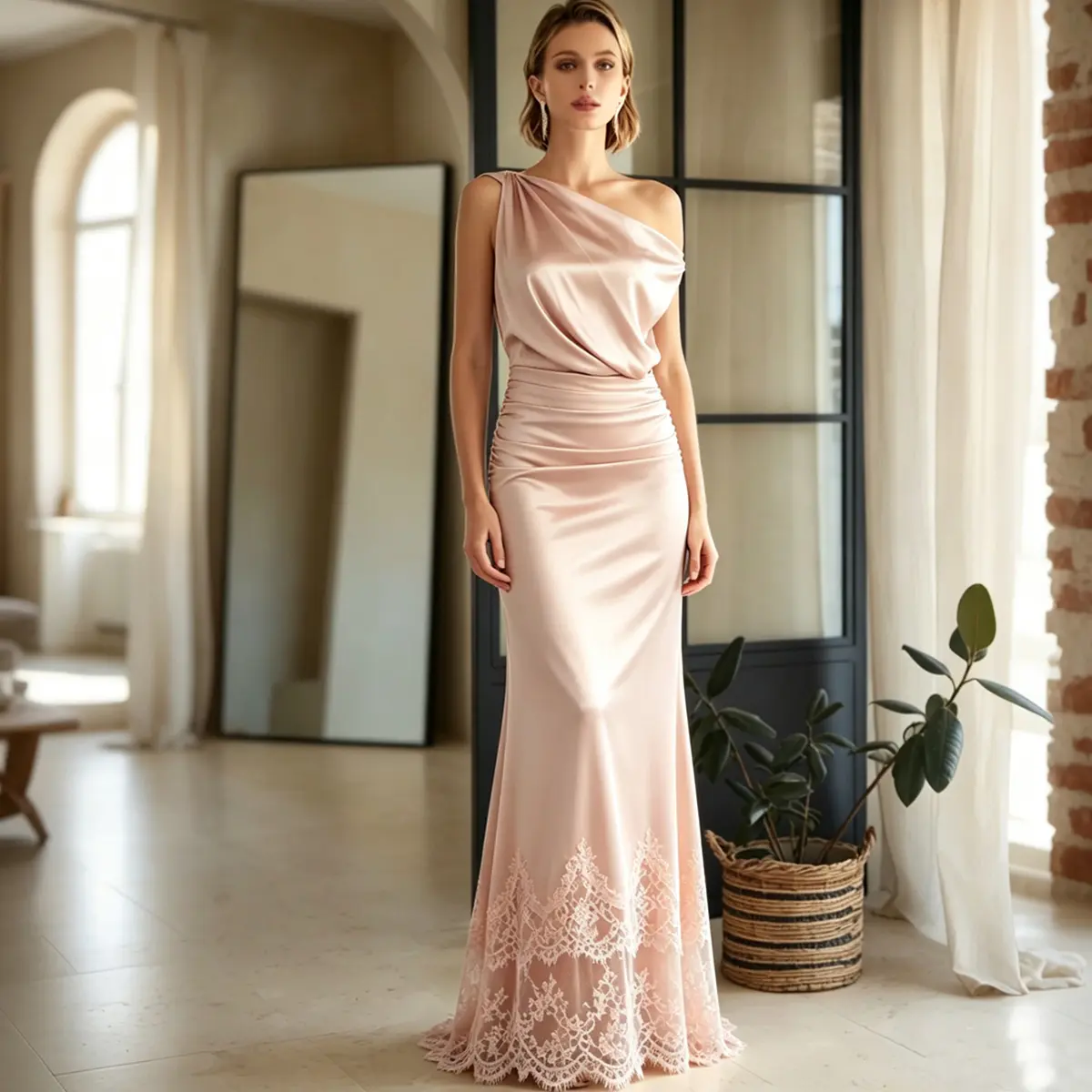 Women’s One Shoulder Dress Slippery Nude Pink Satin Elegant For Wedding Bridesmaid Prom Formal Dinner Party Church Ceremony