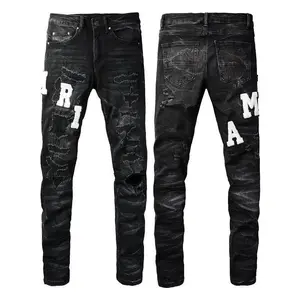 Street Jeans Embroidered Letters Ripped Messy Thread Patch Stretch Slim Fit Pants Casual Cotton Black Denim