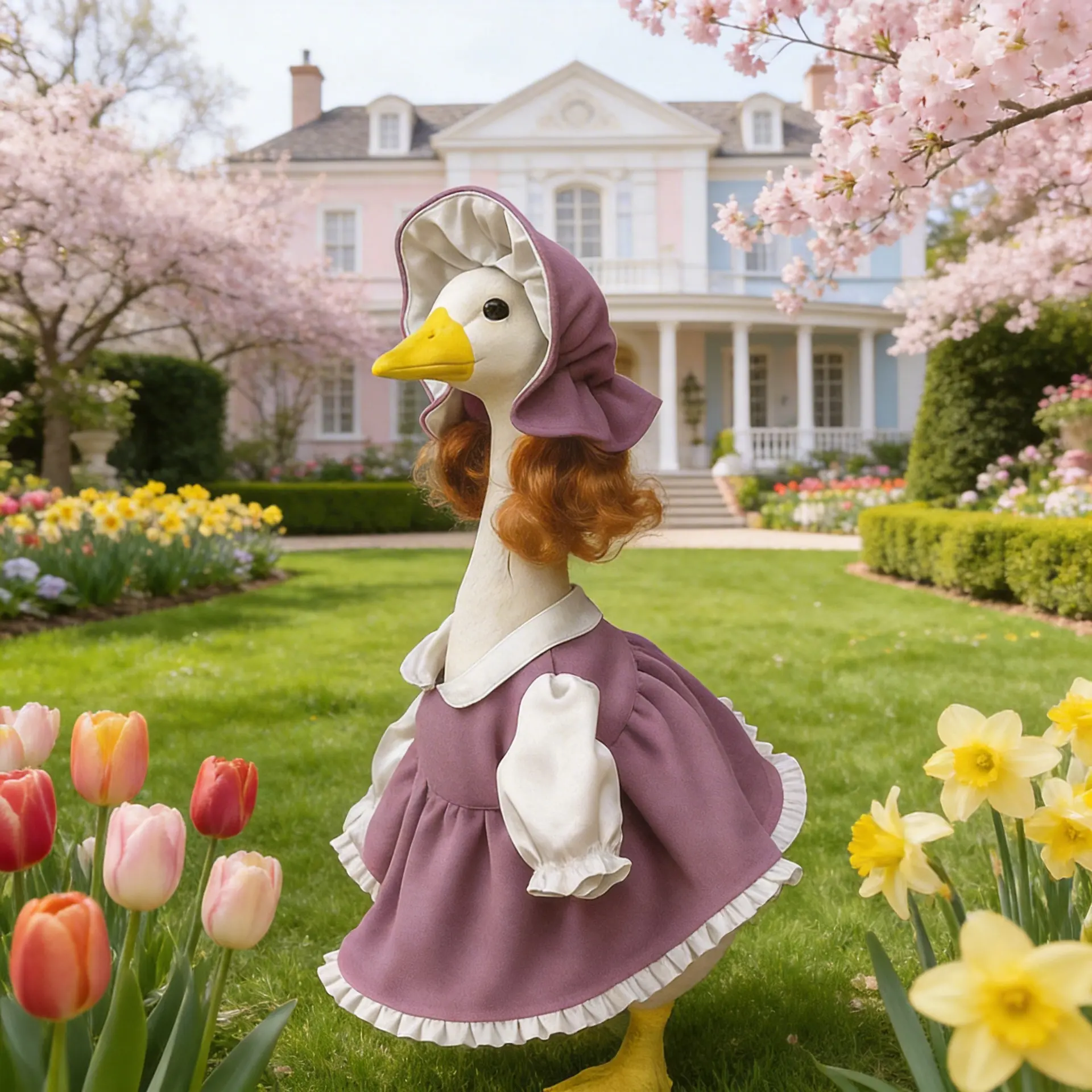23" Patio Lawn Porch Goose Statue Costume Set, Cute Spring Outfit with Wig + Hat, Garden Accessories for Outdoor Backyard Home Decor Statues & Figurines Home Supplies, Outdoor Garden Accessories