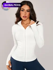 Women's Stand Collar Zip Front Jacket, Thumb Hole Design, Comfortable Sweat Wicking Breathable Training Long Sleeve Lightweight Sports Jacket for Gym & Outdoor Cycling, Athletic Jackets, Sports Outerwear, Sporty Breathable Outerwear