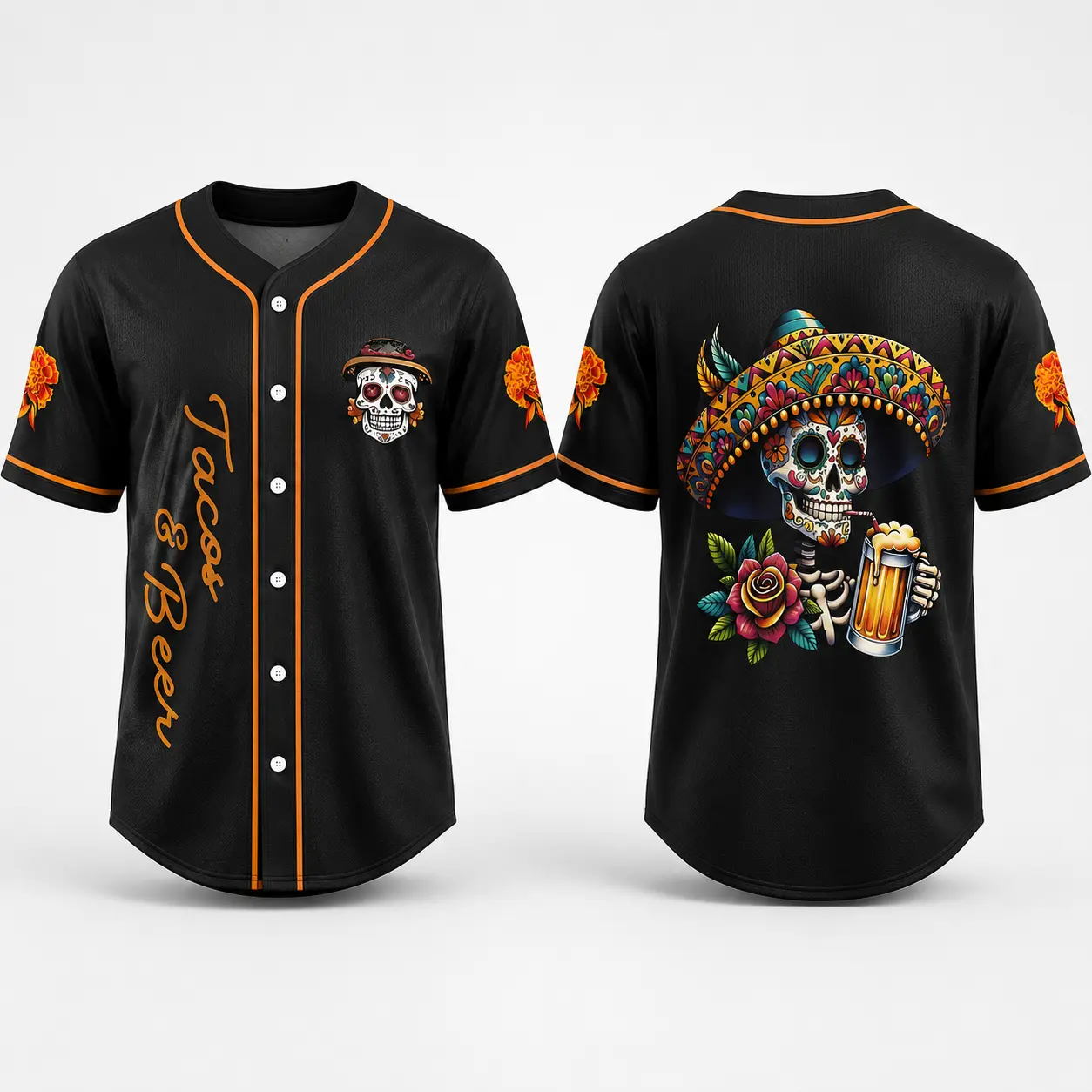 Mexican Sugar Skull Baseball Jersey Shirt, Tacos and Beer Graphic Button Up Top, Black Orange Fiesta Short Sleeve Unisex Jersey