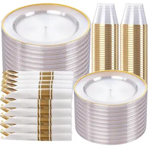 SUT 350 Pcs Gold and Clear Dinnerware Set for 50 Guests, Include: 50 Dinner, 50 Dessert, 50 Pre Rolled With Silverware, 50 Cups, Disposable for, Wedding