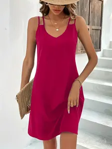 2026 Spring Summer New Fashion Basic Halter Sleeveless Dress, V Neck Loose Fit a Line Short Dress, Casual Wear Vacation Chic Style Elegance, Elegant Plain Design Womenswear