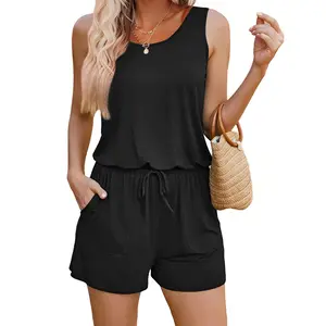 Rompers for Women Summer Sleeveless Scoop Neck Tank Top Casual Short Jumpsuit Rompers with Pockets