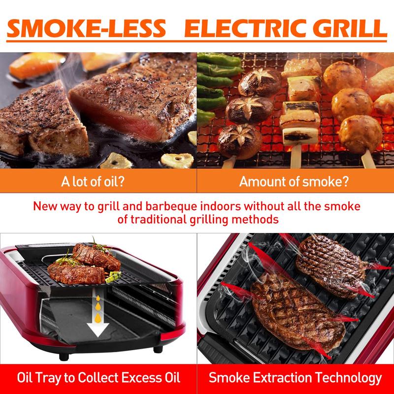 Techwood Indoor Smokeless Grill 1500W Electric BBQ with Temperature Control Korean Grill Removable Non-Stick Plates Tempered Glass Lid Red grill rack electric mini