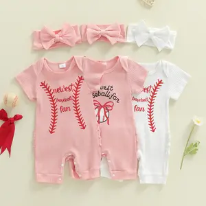 Newborn Baby Girl Short Sleeve Romper Letter Baseball Print Ribbed Bodysuit with Bow Headband Spring Summer 0-6 Months