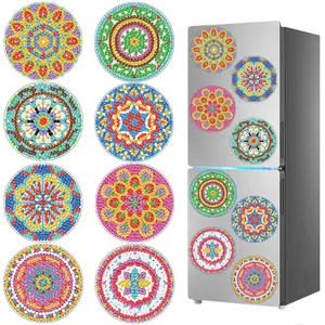 8-piece set, 5D diamond art magnetic ornaments, DIY mandala diamond painting refrigerator magnets, includes magnetic backing, handmade art decorative stickers, and a tool kit. Suitable for adult craft enthusiasts.