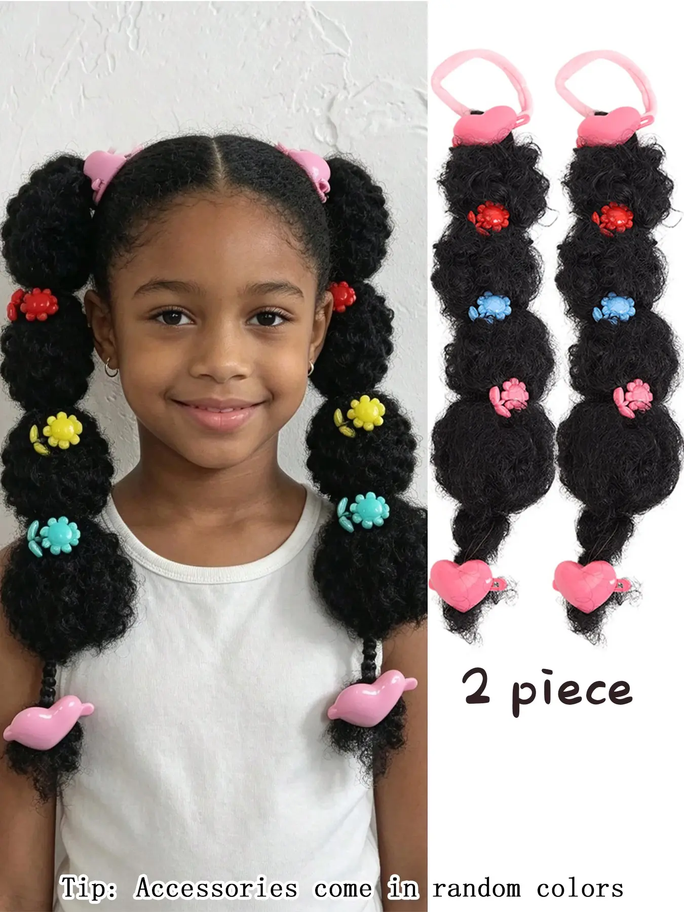 2pcs Kids Caterpillar Ponytail Wigs Cute High Elastic Hair Ties Heart Hair Accessories Curly Fluffy Synthetic Fiber Ponytails