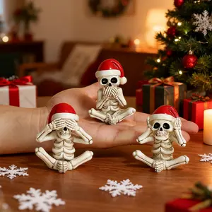 Resin Christmas Skull Decor Set, 3pcs Halloween & Xmas Themed Ornament, Perfect for Desktop Bookshelf Car Decoration
