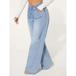 Women's Jeans Chic Womens Blue Drawstring Jeans - Comfort Elastic Waist, Relaxed Baggy Style, Distressed Washed Wide Legs - Premium Denim Clothing