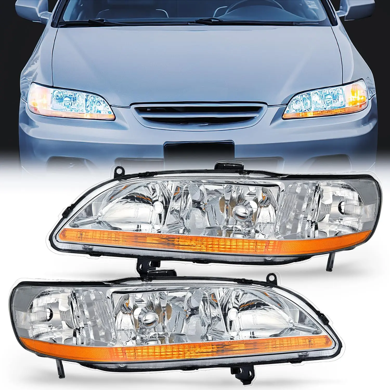 Nilight Headlight Assembly Compatible with 1998 1999 2000 2001 2002 Honda Accord Headlamps Replacement Chrome Housing Amber Reflector Upgraded Clear Lens Driver and Passenger Side Led Backlights, Bright Headlight, Chrome Look