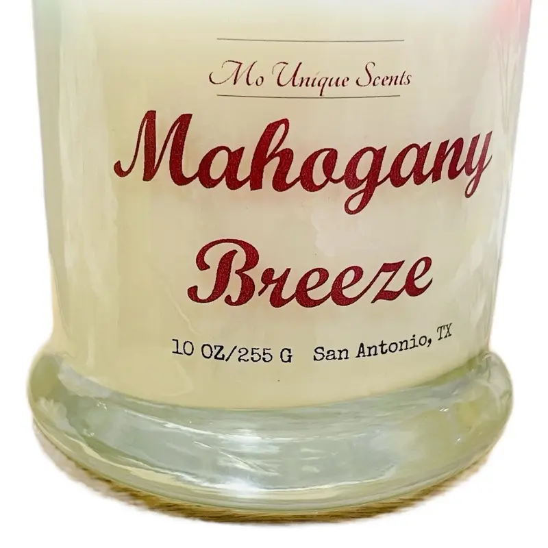 Mo Unique Scents Mahogany Breeze 100% Soy Wax Candle 10 oz 255 g San Antonio TX Scented with Mahogany Coconut Sandalwood Vanilla and Oakmoss sy candles fall