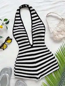 Soleia Women's Vacation White Knit Textured Wavy Pattern Deep V Neck Backless Sexy Bodysuit, Fashionable Fitted, Suitable For Party, Date, Afternoon Tea, Boho Vacation, Beach, Summer Outfit