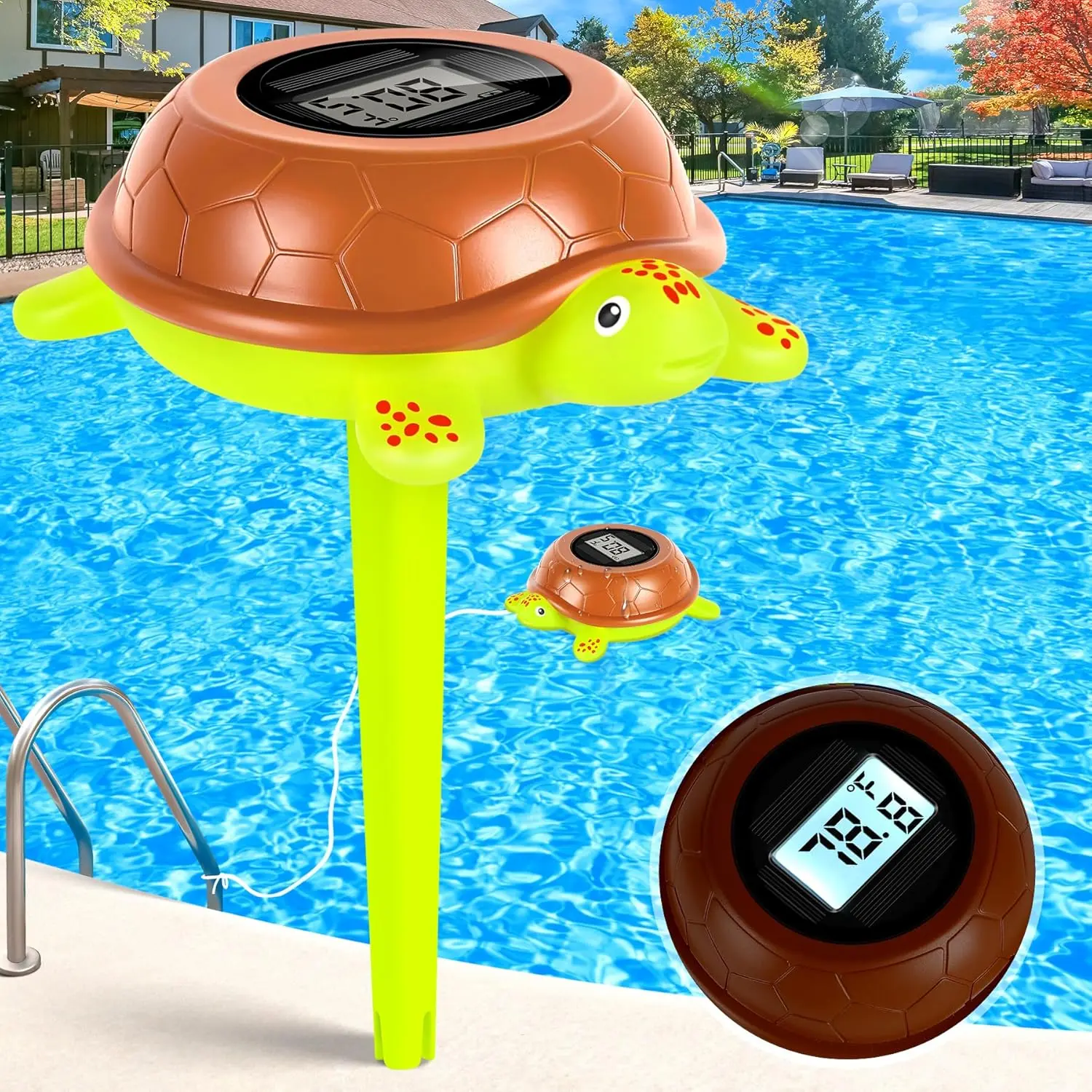 Digital Pool Thermometer Solar Powered, Ultra-Precise Pool Thermometer Floating Easy Read with Large LCD Backlit Screen | Rope, IP68 Waterproof Pools Water Temperature Guage for Spa, Green
