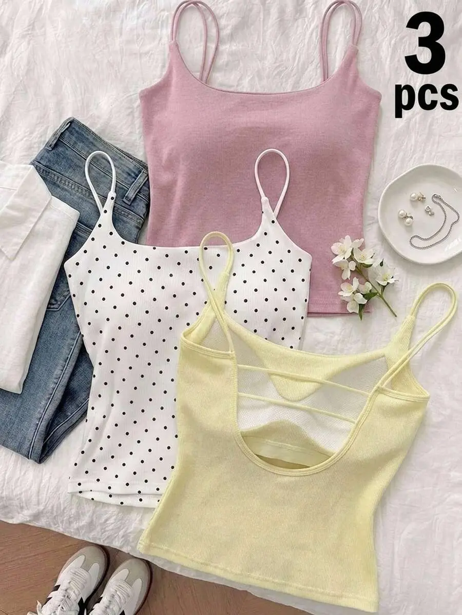 Women's 3 Packs Cami Tops W/Padded Bra, Pink, Yellow & Black Dot, Y2K Retro, Clean Girl, Summer.