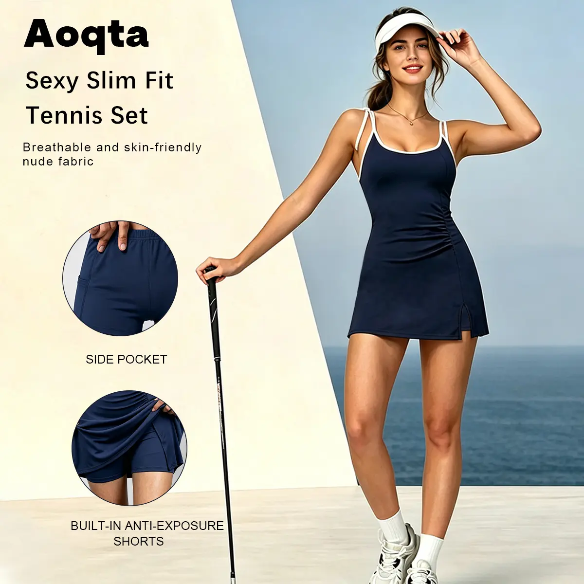 Aoqta tennis dress: women’s sling tennis dress with white contrast trim,  built-in phone pocket, safety shorts, vintage preppy college style, side slit athletic mini dress. Aoqta athletic tennis dress: sling design with a ruched waist