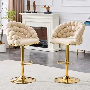 Velvet Bar Stool Set of 2 Beige Puffy Bubble Chair Ball Chain Chair with Gold Legs, Modern Tufted Adjustable Bar Chairs for Kitchen Island & Home Bar