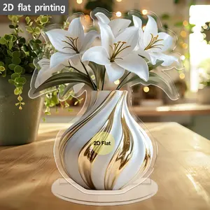 Elegant Marble Acrylic Lily Vase with Artificial Flowers, Classic Bedroom Desktop Decor, No Maintenance Home Decoration, Decorative Vase