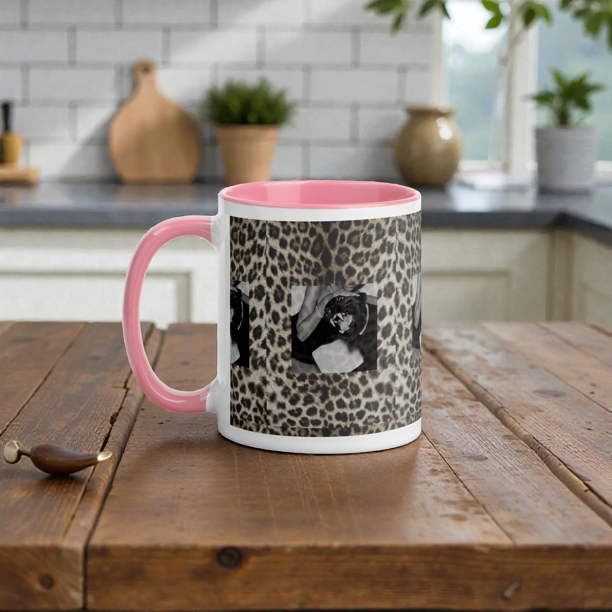 Cheetah Print Black Panther Pink Rim Handle Ceramic Mug 11 oz & 15 oz Lead BPA Free Dishwasher Microwave Safe Custom Made Perfect Valentines Gift work for coffee