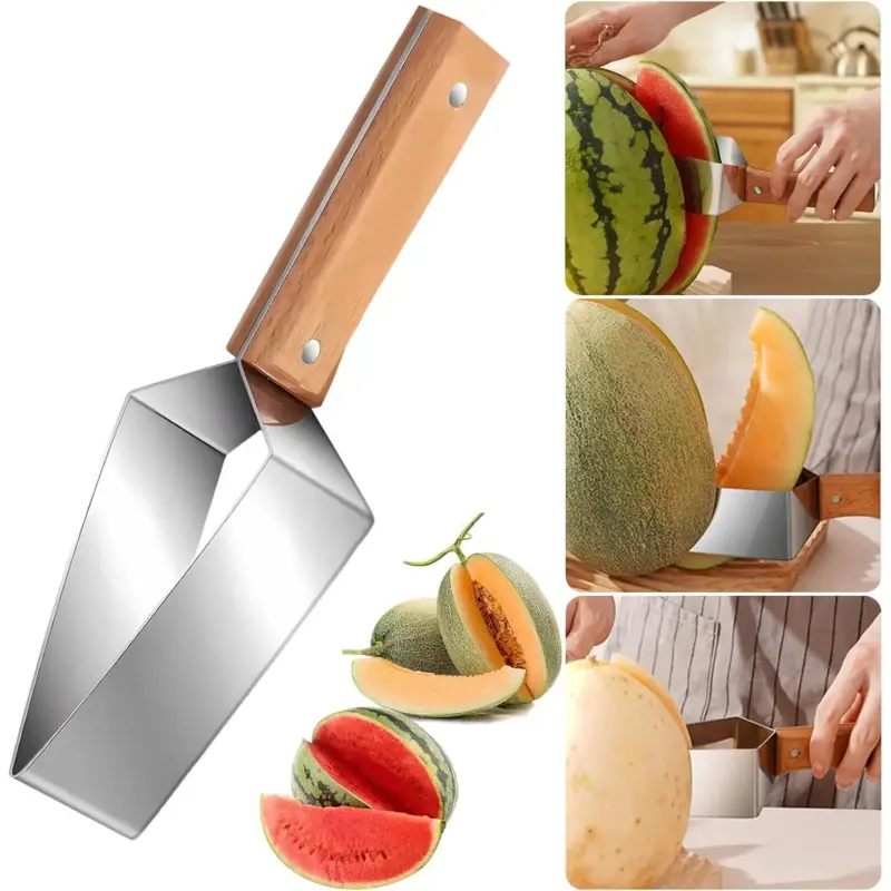2 PCS Stainless Steel Triangle Fruit & Vegetable Cutting Tool, Handheld Slicer with Wooden Handle, Kitchen Utensil for Watermelon, Cantaloupe