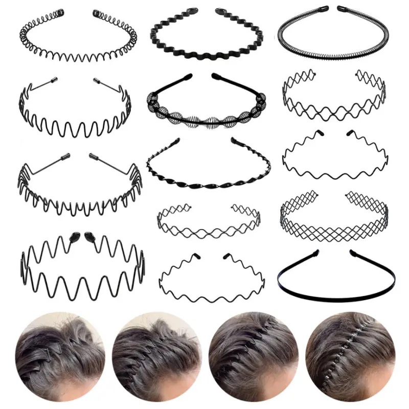 10 Pcs Black Metal Wave Hair Headbands Set, Non Slip Spring Wavy Hairbands, Adjustable Flexible Hair Hoops for Men Women Washing Face Sports Daily Hairstyle Fixing