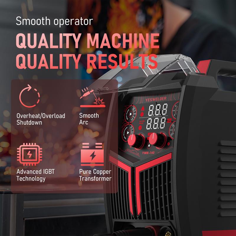 YESWELDER YWM-160 Gas Gasless MIG Welder 160Amp | 110/220V Dual Volts, Smart MIG, Digital Display | Gas/Flux Core/Lift TIG/Stick 4-in-1 Welding Machine