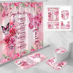 4 Pcs Pink Butterfly Inspirational Quotes Shower Curtain Set with Rugs and Toilet Lid Cover, Colorful Boho Waterproof Fabric Bathroom Set, Bible Verse Floral Bathroom Decor Set Accessories